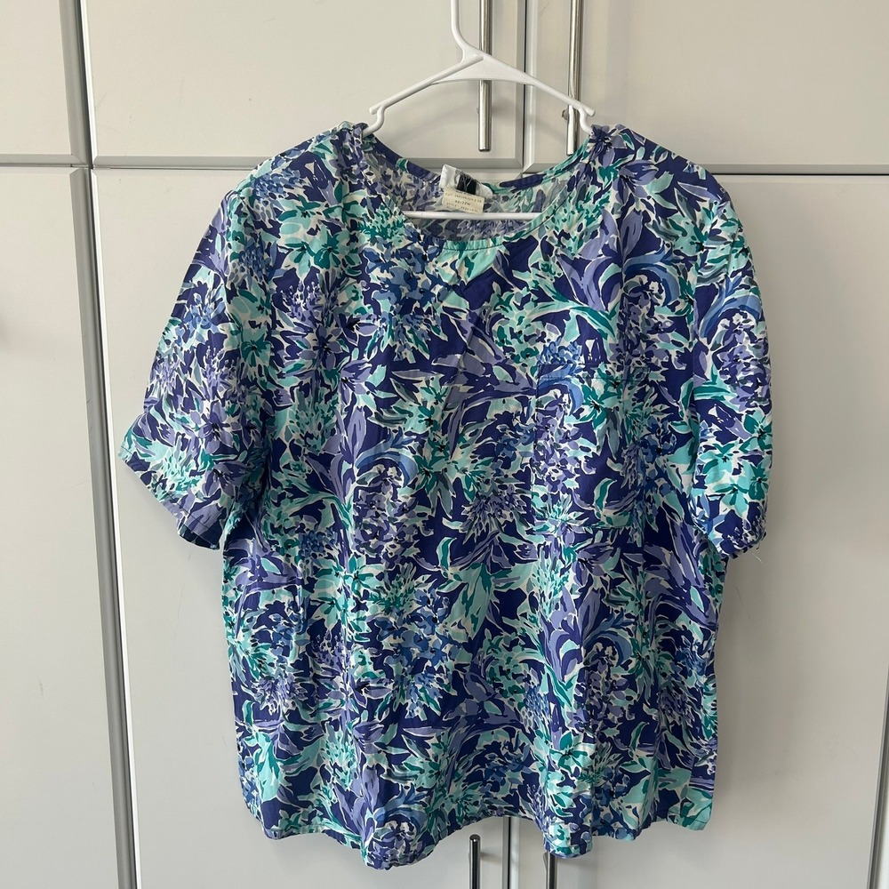 Fritzi Woman Vintage Floral Blouse Purple Teal Blue Short Sleeve Top‎ 22W USA